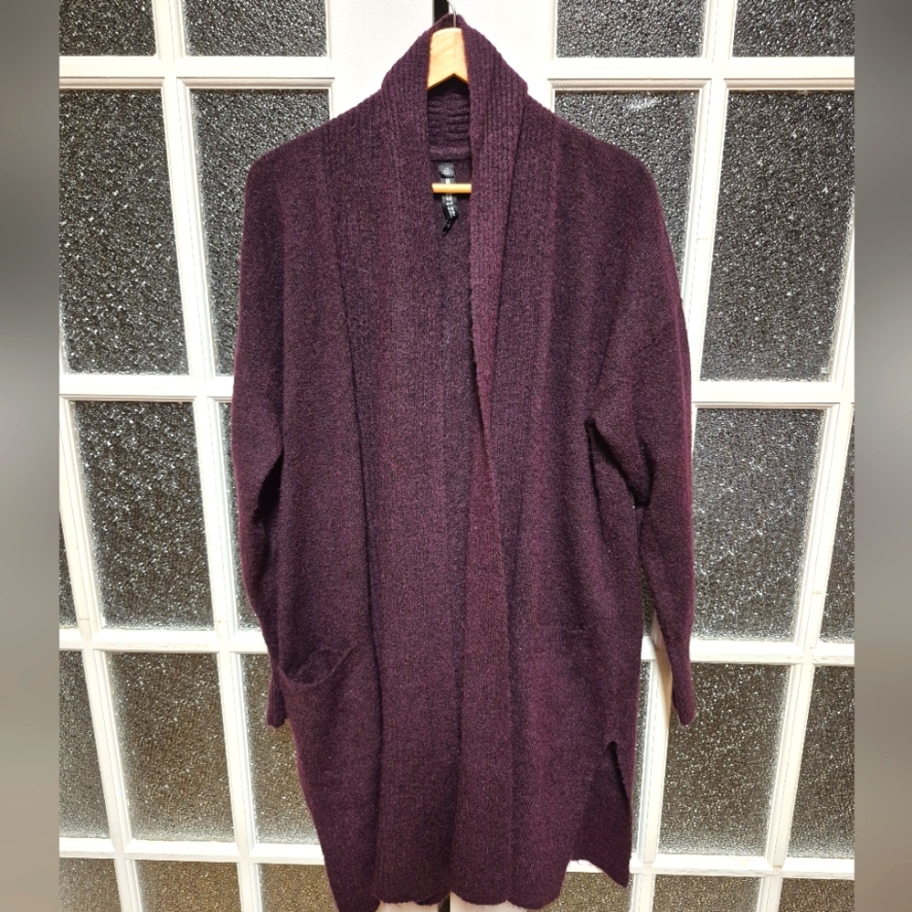 Design Lab Elegant Eggplant Open Cardigan Sweater purple, plum, soft